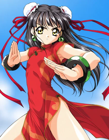 masterpiece, best quality, good quality, <lora:Kounyan_Spiral_NAMI_IS:1>Kounyan, black hair, long hair, double bun, hair bun, bun cover, yellow eyes, ribbon, earrings, flat chest, green jewelry, 2000s \(style\),anime coloring, short_stack,
1girl, solo, chinese clothes, china dress, red dress,
fighting stance, bracelet, short hair,
blue sky,