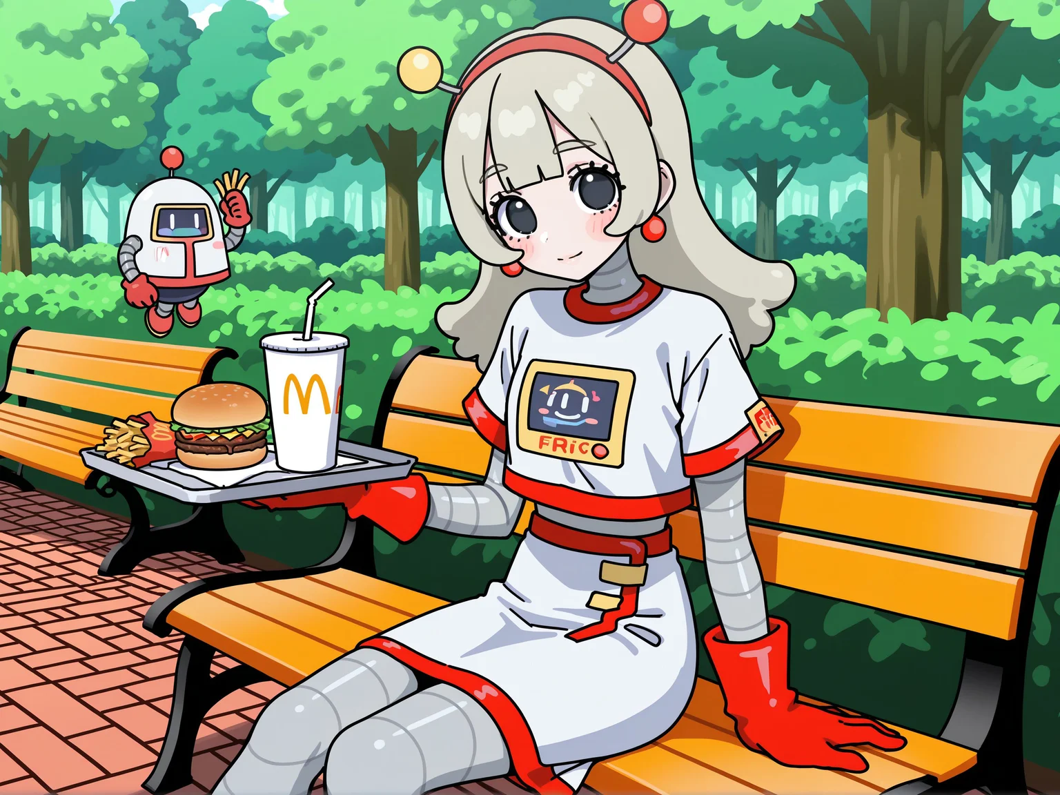 (masterpiece, best quality:1.2), amazing quality, very aesthetic, absurdres, perfect detail,
park, bench, forest, brick floor,
sitting, swinging legs, holding tray, burger, drinking straw, french fries, mcrobot, light smile, blush stickers, looking at viewer,
mcsetsuko, android, red_hairband, antennae, earrings, jewelry, white_shirt, print_shirt, short_sleeves, crop_top, white_skirt, red_trim, red_gloves,
<lora:XL_Ill_mcdo-set500-t1:0.9>