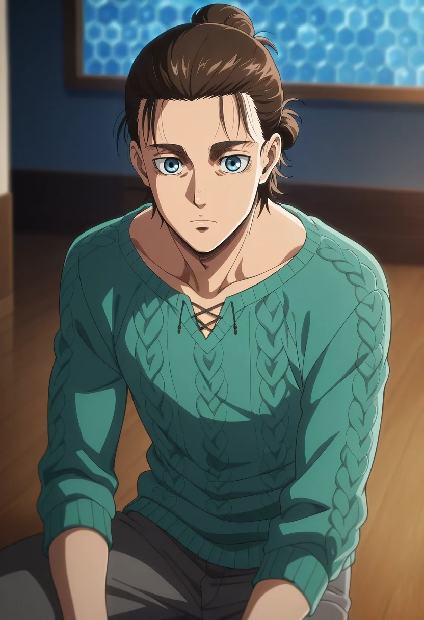 masterpiece, best quality, , anime screencap, anime coloring, official style, , depth of field, 1boy, solo, male focus, <lora:eren_yeager_ilxl:0.9>, eren_yeager_s4, brown hair, blue eyes, short hair, hair bun, single hair bun, , Dark gray Felt Honeycomb Straight-leg chinos, Color-block sweater, , ,, mature male,