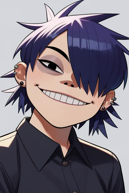 score_9, score_8_up, score_7_up, BREAK, <lora:noodlegorillaz-guy-PONYv1:.9>, noodlegorillaz, 1girl, solo, looking at viewer, smile, shirt, jewelry, earrings, teeth, collared shirt, hair over one eye, grin, black shirt, piercing, ear piercing