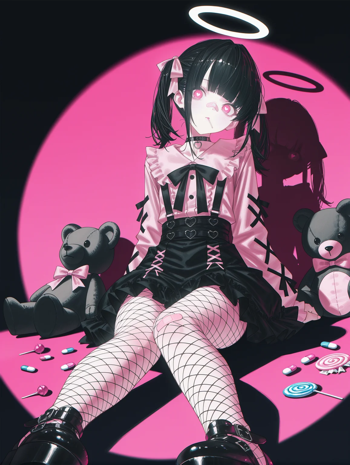 (different_shadow :1.1),dark theme, dark room,(reoen:1.1),[wanke:betabeet:8], jirai_kei, 1girl, solo, long_hair, looking_at_viewer, bangs,  black_hair, long_sleeves, bow, ribbon, twintails, sitting, monochrome, hair_bow, heart, pantyhose, frills, food, shoes, choker, blunt_bangs, black_skirt, pink_eyes, halo, heart-shaped_pupils, stuffed_toy, pink_background, stuffed_animal, frilled_skirt, pink_bow, fishnets, candy, bandaid, pink_shirt, teddy_bear, lollipop, fishnet_pantyhose, platform_footwear, pink_theme, pill,dynamic pose, dutch angle,  head tilt, masterpiece, best quality   spotlight, shadow 
,masterpiece,best quality,amazing quality,