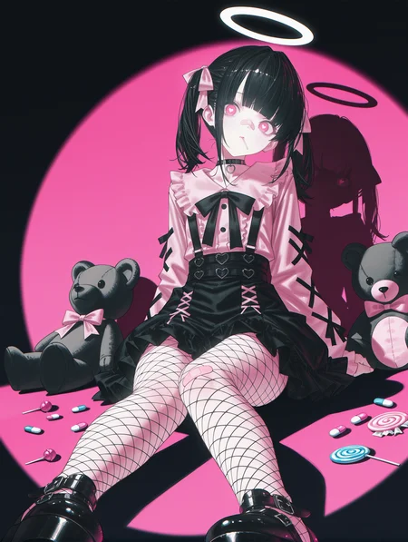 (different_shadow :1.1),dark theme, dark room,(reoen:1.1),[wanke:betabeet:8], jirai_kei, 1girl, solo, long_hair, looking_at_viewer, bangs,  black_hair, long_sleeves, bow, ribbon, twintails, sitting, monochrome, hair_bow, heart, pantyhose, frills, food, shoes, choker, blunt_bangs, black_skirt, pink_eyes, halo, heart-shaped_pupils, stuffed_toy, pink_background, stuffed_animal, frilled_skirt, pink_bow, fishnets, candy, bandaid, pink_shirt, teddy_bear, lollipop, fishnet_pantyhose, platform_footwear, pink_theme, pill,dynamic pose, dutch angle,  head tilt, masterpiece, best quality   spotlight, shadow 
,masterpiece,best quality,amazing quality,
