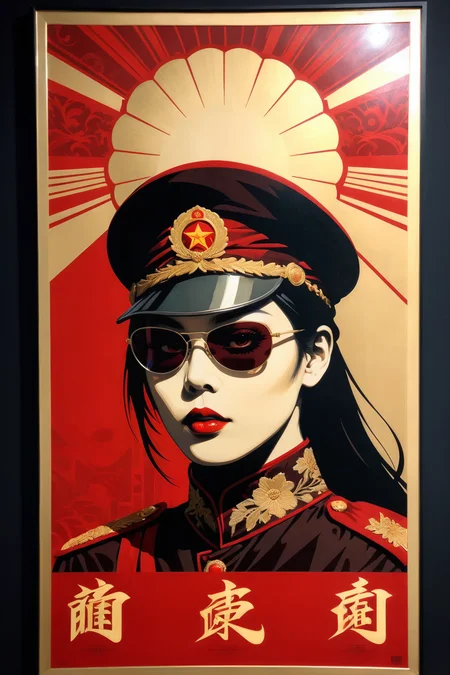 by Shepard Fairey, <lora:Shepard Fairey Style:1> (gothic noir, stencil painting:1.4), (intricate details, masterpiece, best quality:1.4) , Communist propaganda style, pop art, vintage, sepia, street art vibes, vibrant, stunningly beautiful, crisp, detailed, sleek, ultramodern, beige highlights, dark red shadows, high contrast, cinematic, ultra detailed, intricate, professional, <lora:koreanDollLikeness_v15:0.75>, Japanese woman, long straight hair, wearing goth military uniform, soviet military uniform, NKVD uniform, peaked cap, necktie, ((wearing reflective aviator sunglasses)),  <lora:m1l1t4ry:1.5>, m1l1t4ry, looking at viewer with thousand yard stare, <lora:add-detail-xl:1.3>, <lora:xl_more_art-full_v1:0.5>, <lora:looking_at_viewer:2>, <lora:SDS_Contrast tool_XL:1>
