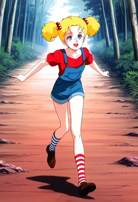 1girl, solo, blue eyes, blonde hair, short hair, hair ornament, twintails, freckles, slim, young, thin, high resolution, more details, 8k quality, score_9, score_8_up, score_7_up, masterpiece, best quality, official art, official style, very aesthetic, absurdres, source_anime, perfect anatomy, 1980s (style), hanging eyes, perfect proportions, anatomically correct, perfect hands, perfect fingers, high resolution, more details, 8k quality, best quality, full body, score_9, score_8_up, score_7_up, source_anime, (extremely detailed:1), (masterpiece, best quality, very aesthetic, ultra detailed), intricate details, beautiful background, ultra-detailed, perfect anatomy, perfect face, perfect hands, perfect fingers, perfect eyes, blue overalls, striped socks, mismatched socks, brown footwear, shorts, smile, short sleeves, red shirt, simple color background, full body, dynamic pose, forest as background, running, happy, open mouth,