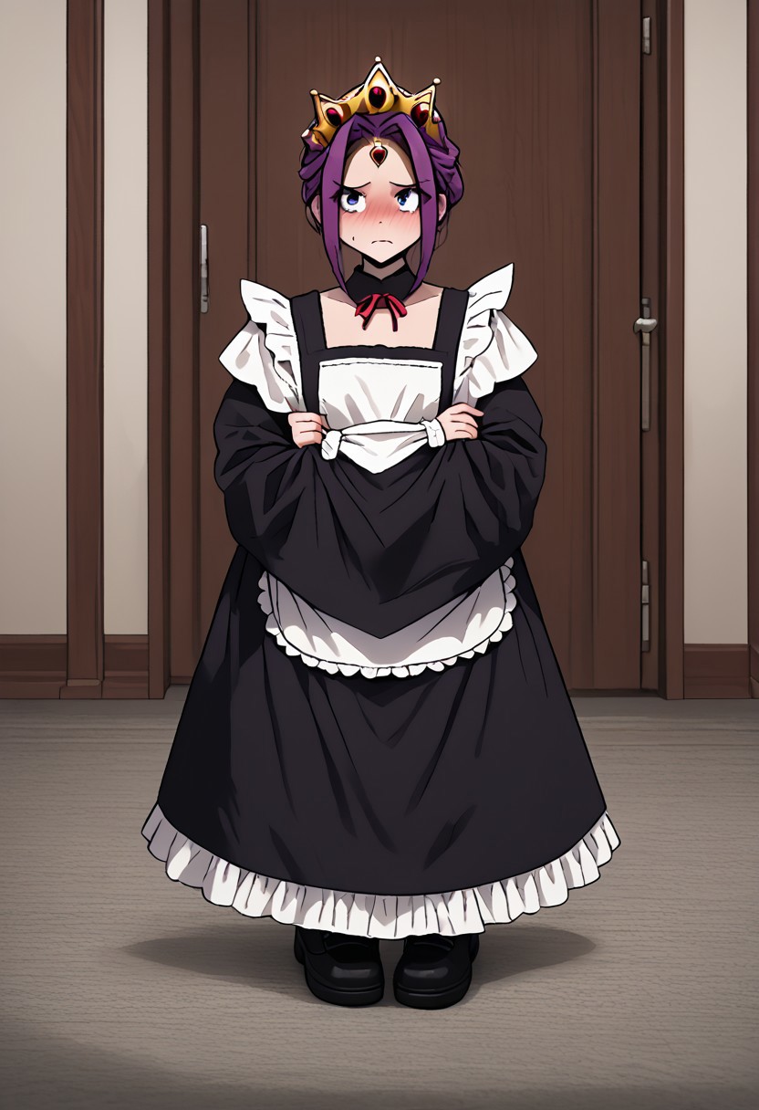 MIRELLIA Q MELROMARC, CROWN, TIARA, maid, full body, ShrinkingConcept, shrinkingclothing, oversized clothes, shrinking, full body, child, small