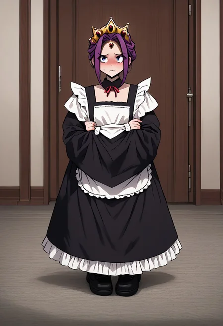 MIRELLIA Q MELROMARC, CROWN, TIARA, maid, full body, ShrinkingConcept, shrinkingclothing, oversized clothes, shrinking, full body, child, small