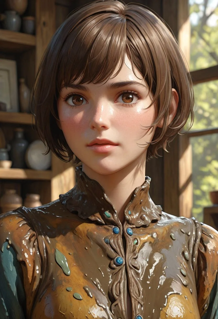 "Bill Willingham" Style.
Title: "Feminine Mud Elemental".
She's made of pure Mud.
She's staring the viewer, cute expression.
She has hot-brown hair, pixie haircut.
Pristine Aesthetic.
Life-like details.
Cinematic.
Dramatic.
Dynamic.
Extremely refined lines and and shapes.
Extremely refined details on objects.
Sharp details.
Wide range of colors.
Many details everywhere. Ray-Tracing. Anti-Aliasing. Realistic soft shadows. Low saturation colors. Insane quality. Insane resolution. Insane details. Masterpiece. 32k resolution.