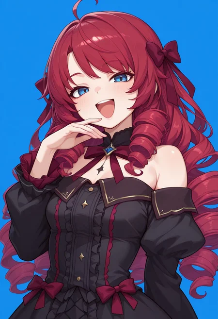 1girl,solo,cute,
natalie, long hair, curly hair, red hair, blue eyes, pale skin,ahoge, waist-length hair, thick hair,gothic dress, dress, long sleeves, off shoulder, ribbon, frills, red bow, black dress, two-tone outfit, red and black color scheme
ojou-sama pose,smile, open mouth, laughing,
looking at viewer,portrait
Simple blue background,(soft focus:1.3),
masterpiece, amazing quality, best quality, ultra-detailed, 8K, illustration, CG, shiny hair, clear skin, ultra-detailed-eyes, eyelashes, highly detailed,