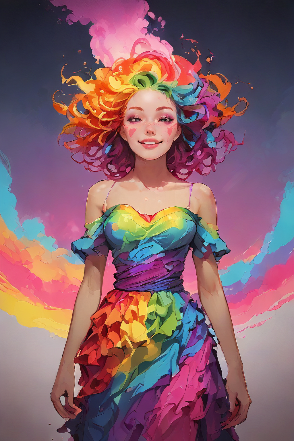 score_9,score_8_up,score_7_up,score_6_up,score_5_up,score_4_up,<lora:Turbo_XL:1>,<lora:Rainbow_Tornado:1>,rainbow tornado,rainbow hair,multicolored hair,colorful,radiant smile,happy face,makeup,intracate dress,vibrant colors,vaporwave style,<lora:giga_gig4_giga_Artist_Style_PonyXL:1>,