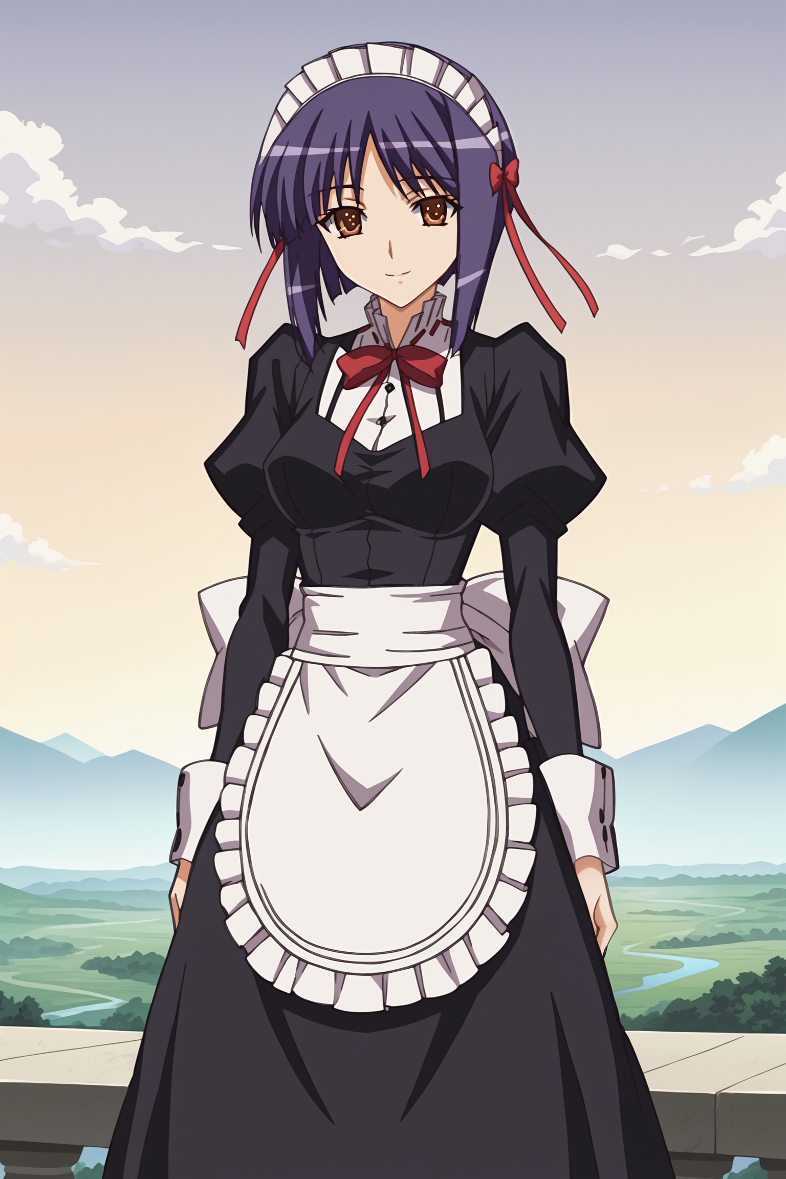 score_9, score_8_up, score_7_up, 
anime screencap, anime coloring, detailed face, masterpiece, best quality, very aesthetic, absurdres, volumetric lighting, official style, amazing quality, ultra detailed, highres, amazing quality, scenery, beautiful detailed hair, beautiful detailed eyes,
 <lora:Sylvia_van_Hossen_Yuu_Fujikura_and_Maria_van_Hossen_Princess_Lover_OVA_-_Pony:1>
outdoors, looking at the viewer, :D,
Yuu Fujikura (character), 1girl, solo, short hair, purple hair, brown eyes, maid, apron, ribbon, maid headdress, long sleeves, hair ribbon, puffy sleeves, 
cowboy shot, looking at the viewer, elegant smile
