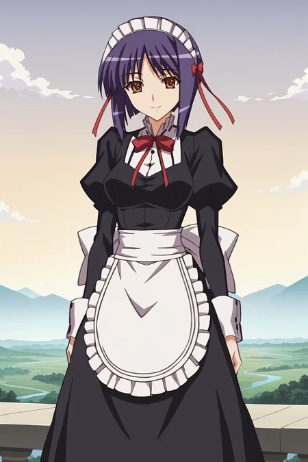 score_9, score_8_up, score_7_up, 
anime screencap, anime coloring, detailed face, masterpiece, best quality, very aesthetic, absurdres, volumetric lighting, official style, amazing quality, ultra detailed, highres, amazing quality, scenery, beautiful detailed hair, beautiful detailed eyes,
 <lora:Sylvia_van_Hossen_Yuu_Fujikura_and_Maria_van_Hossen_Princess_Lover_OVA_-_Pony:1>
outdoors, looking at the viewer, :D,
Yuu Fujikura (character), 1girl, solo, short hair, purple hair, brown eyes, maid, apron, ribbon, maid headdress, long sleeves, hair ribbon, puffy sleeves, 
cowboy shot, looking at the viewer, elegant smile