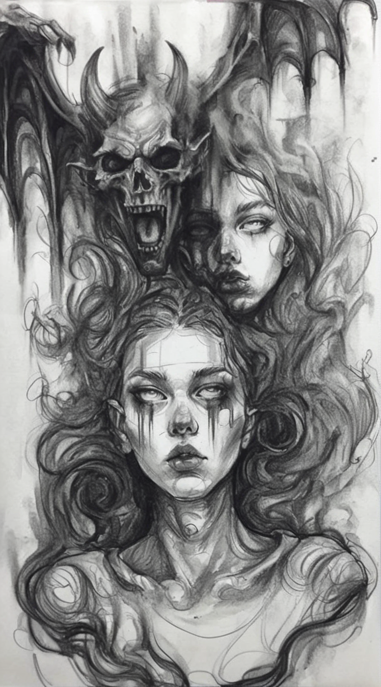 visiblend pencil drawing girl and devil in hell, black ink<lora:visiblend:0.8>