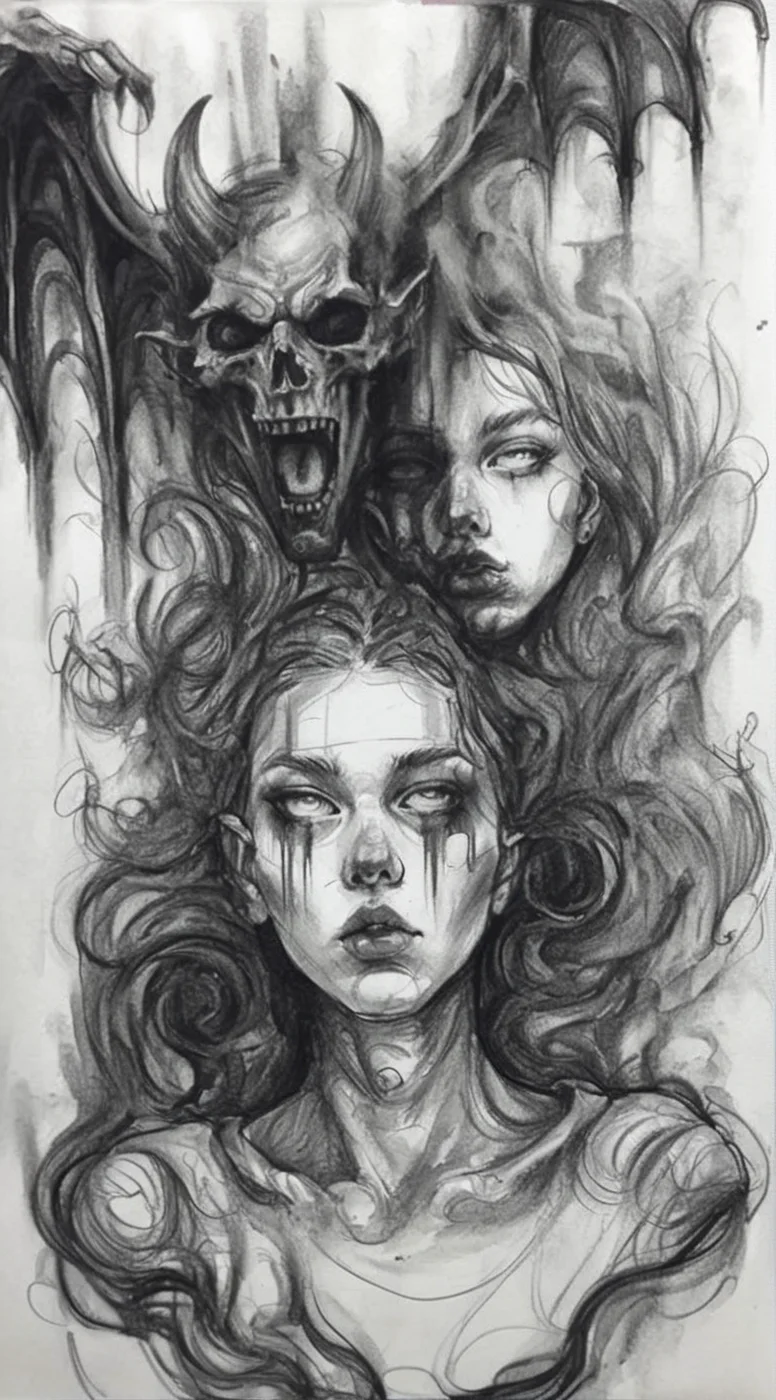 visiblend pencil drawing girl and devil in hell, black ink<lora:visiblend:0.8>