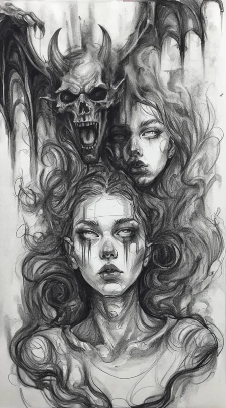 visiblend pencil drawing girl and devil in hell, black ink<lora:visiblend:0.8>
