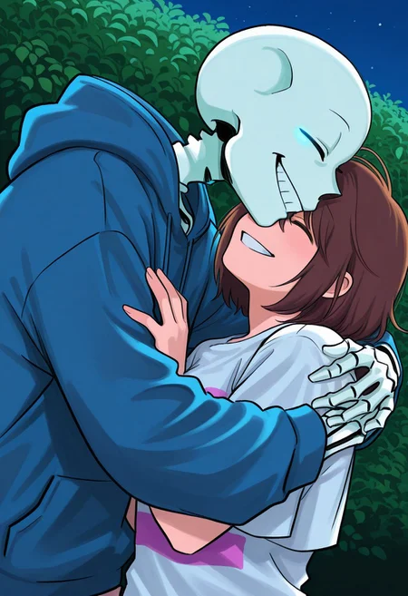score_9, score_8_up, score_7_up, score_6_up, aoj_sr, 2d, source_cartoon, 
night,garden,closer look, close view, duo,
(1male,s4ns,skeleton,one blue glowing eyes,skull,skeleton arms,skeleton body,oversized,white t-shirt,laugh,grin),
holding, face to face, sideview, hugs, 
(1woman,frisk,woman,closed eyes,brown hair,blue hoodies,big breasts,short hair,simle),