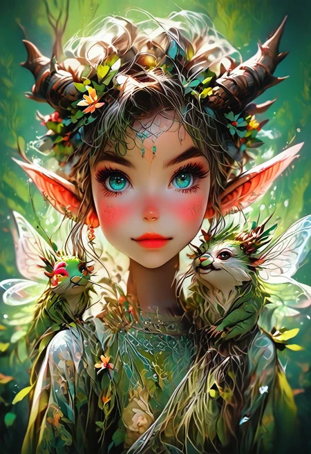 A detailed prompt for this image of a humanoid feminine fairy with a pale mauve skin, intricate pearlescent horns, and multiple eyes, set against a vibrant green background. The fairie face is expressive, with a hint of curiosity and intelligence in its gaze. Its body is covered in intricate patterns and markings, suggesting a complex and ancient culture. The background is filled with flowers andushrooms, creating a sense of mystery and wonder.
The flowers in her hair are a perfect, and they add a touch of femininity to her otherwise magical appearance. The forest is a perfect setting for this image, and it adds to the overall sense of mystery and intrigue.
The fairies wings are sleek and shiny. pureerosface_v1