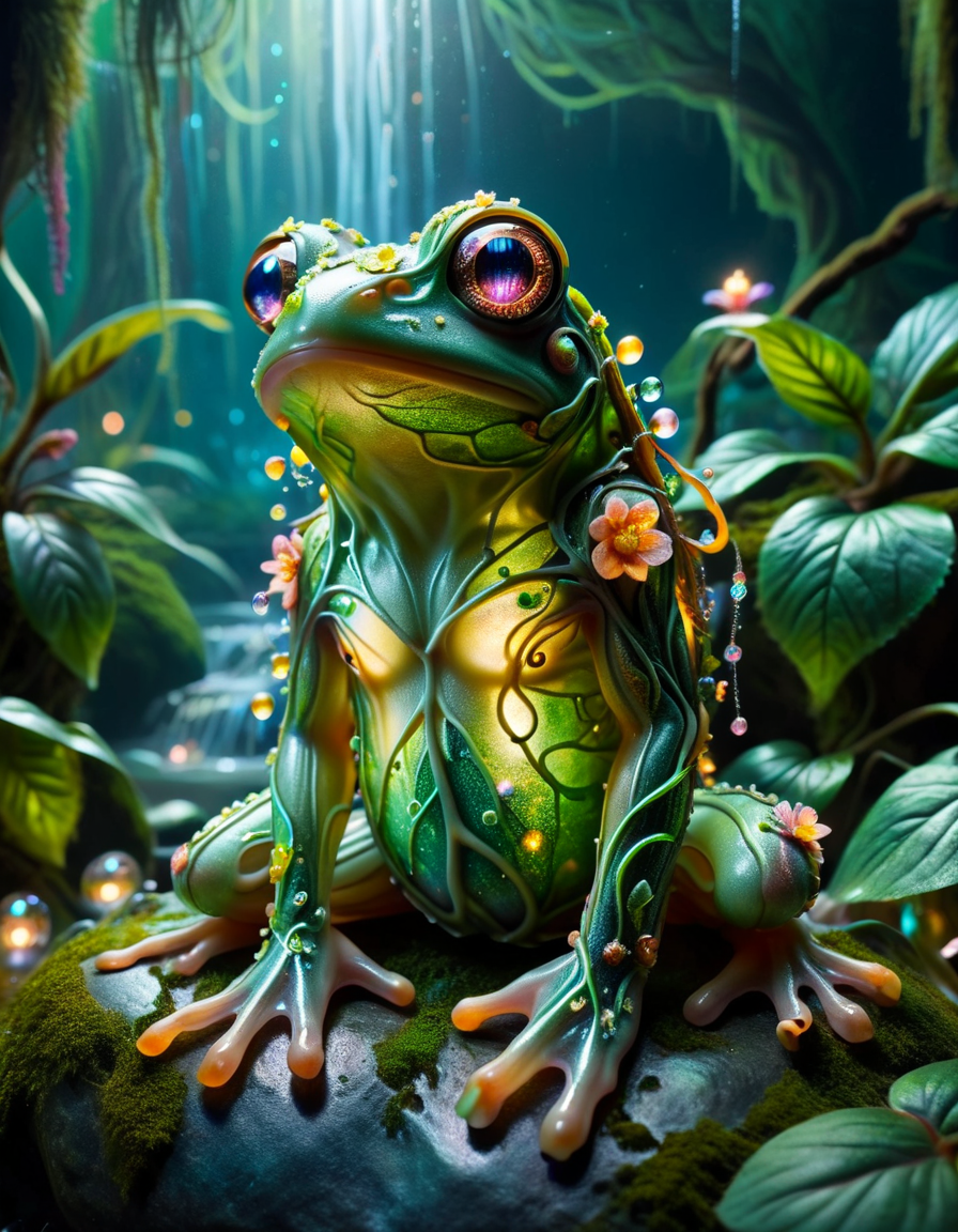macro photo, a beautiful translucent glass frog that glows within, glowing lights, beautiful waterfall , made out of transparent delicate glass, magical sparkles,vibrant whimsical colors, made of ral-mythfrst <lora:ral-mytfrst:1>