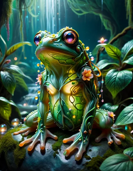 macro photo, a beautiful translucent glass frog that glows within, glowing lights, beautiful waterfall , made out of transparent delicate glass, magical sparkles,vibrant whimsical colors, made of ral-mythfrst <lora:ral-mytfrst:1>