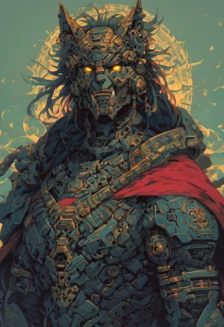 score_9,score_8_up,score_7_up, solo, 1man, upper body, (Kotal Kahn), (nephrite armour), (teal armour), simple neon background, no humans, glowing, glowing yellow eyes, jaguar helmet, (obsiadian black ornaments), (obsiadian elements), jaguar fangs, robot, aztec, mecha, aztec god, blood red cloak, cyberpunk outfit, soldier, heavy weaponized, aztec warrior, aztec tatoos, aztec warpaint, macuahuitl, science fiction, cyborg, mechanical parts, humanoid robot, bulky, sinozick style, flat color, dark theme, cowboy shot, Expressiveh