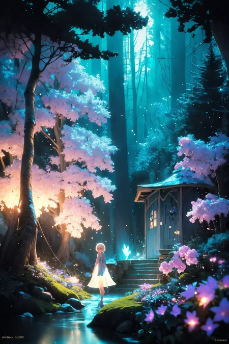 ( detailed realistic background:1),
( official art, beautiful and aesthetic:1 ),
realistic lighting,
cinematic lighting,
hyperrealism,
soothing tones,
muted colors,
high contrast,
soft light,
sharp,
artistic photoshoot,
<lora:FeyAndFairies-11:0.8>FeyFa, , forest, trees, middle, path, waterfall, through, background, stream, flowers, lights, running, in the foreground stands a fairy in front of her fairy house, light,( cute, petite ),
slender,
european,
pale cheeks,
square face shape with angular jaw,
natural "no-makeup" makeup,
big breasts,
,
platinum blonde hair ,
pixie cut hair  ,wearing a see-through gossamer fairy short dress,
night time, darkness,