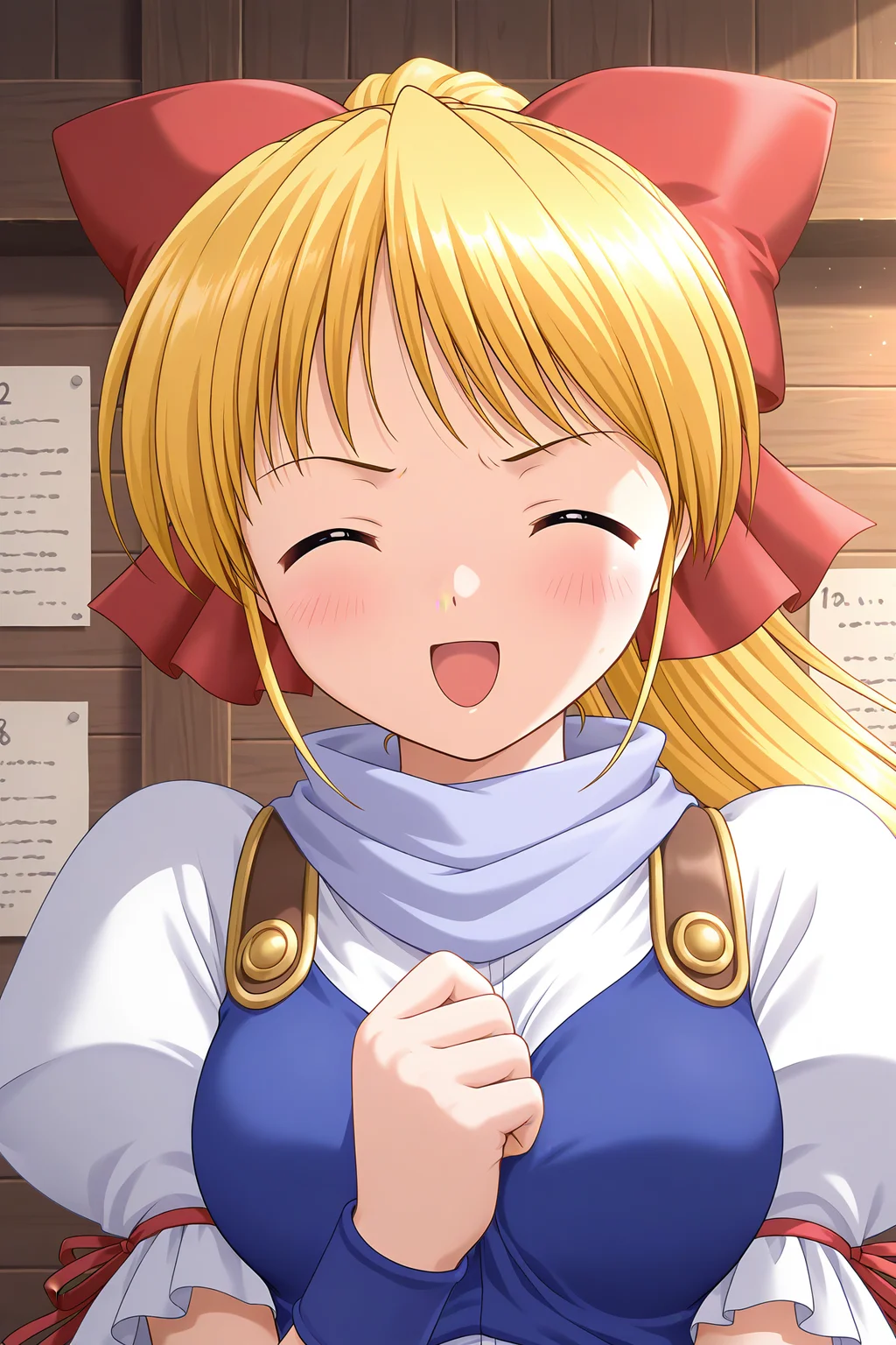 masterpiece, best quality, absurdres, official art, official style, zPDXL2, zPDXLxxx, rating sensitive, sexually suggestive, nsfw, uncensored BREAK <lora:leticiaapple_IL_v1-1:0.7>, leticia apple, 1girl, solo, blue eyes, blonde hair, very long hair, high ponytail, hair bow, large bow, red bow, medium breasts, closed eyes, open mouth, smile, blush, upper body, ^ ^, paper, :d, puffy short sleeves, indoors, ^o^, facing viewer, wooden wall, small breasts, red ribbon, white shirt, casual, arm ribbon, blue tank top, light purple scarf, angry