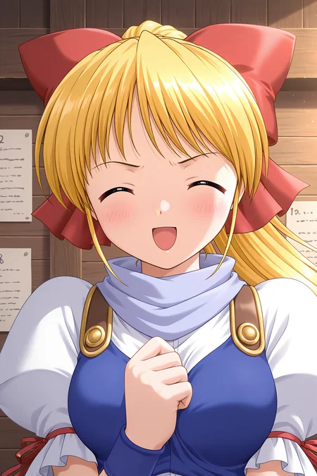 masterpiece, best quality, absurdres, official art, official style, zPDXL2, zPDXLxxx, rating sensitive, sexually suggestive, nsfw, uncensored BREAK <lora:leticiaapple_IL_v1-1:0.7>, leticia apple, 1girl, solo, blue eyes, blonde hair, very long hair, high ponytail, hair bow, large bow, red bow, medium breasts, closed eyes, open mouth, smile, blush, upper body, ^ ^, paper, :d, puffy short sleeves, indoors, ^o^, facing viewer, wooden wall, small breasts, red ribbon, white shirt, casual, arm ribbon, blue tank top, light purple scarf, angry