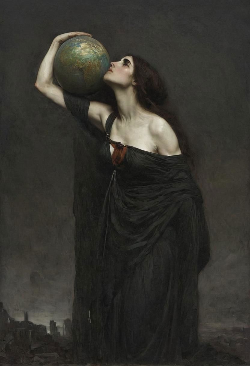 Carrying the Planet earth on her shoulders, John William Waterhouse Style page, liminal, female Atlas, bowing down towards the camera with the world on her shoulders, Explore the somber tones and bleak atmosphere in your depiction, emphasizing the eternal struggle and futility of her task from a side perspective.