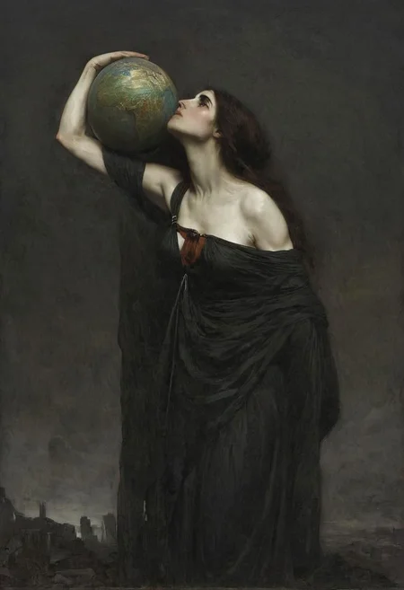 Carrying the Planet earth on her shoulders, John William Waterhouse Style page, liminal, female Atlas, bowing down towards the camera with the world on her shoulders, Explore the somber tones and bleak atmosphere in your depiction, emphasizing the eternal struggle and futility of her task from a side perspective.