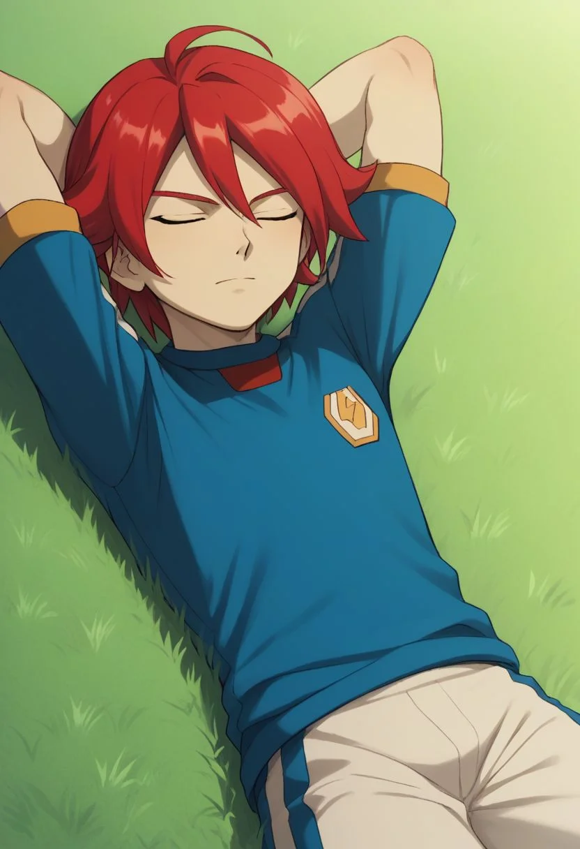 score_9, score_8_up, score_7_up, source_anime, highly detailed, 1boy, solo, male_focused
Kiyama_hiroto, red hair, green eyes, sportswear, soccer uniform,
closed eyes, hands behind head
outdoor, grass, soccer field, lying on grass,