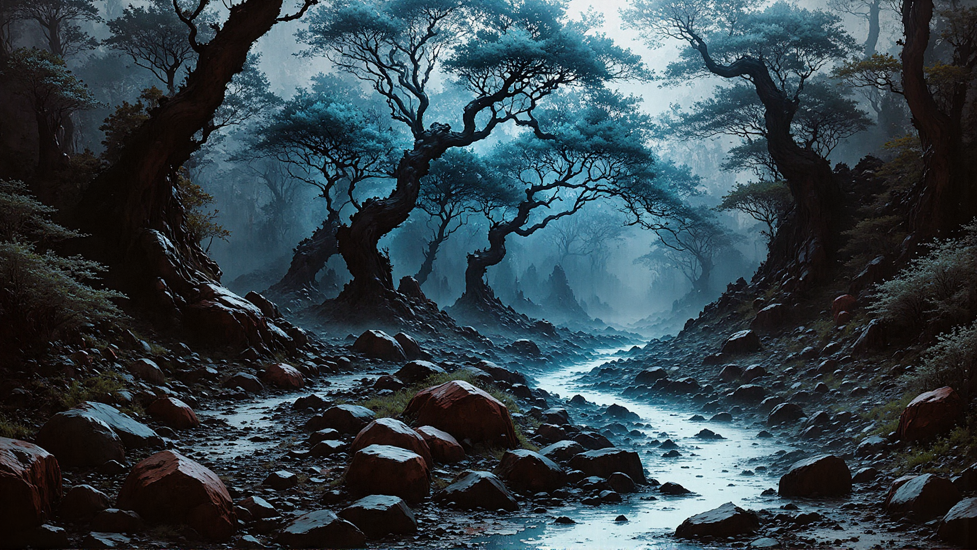 In a forsaken land where technology and nature had merged in a twisted dance, an electric river of glowing static flowed like a lifeblood through a biomechanical forest. The air was heavy with the scent of ozone and decay as the currents carried fragmented memories, whispers of forgotten lives, and echoes of long-lost moments.  Tendrils of vine-like metal snaked around gnarled tree trunks, their bark etched with circuitry patterns that pulsed with a soft blue light. Leaves made of what appeared to be crystalline glass shimmered in the dim light, reflecting the eerie, <lora:Flux_Turbo_Alpha.safetensors:1.0> <lora:aidmaInkStyle-FLUX-V0.1.safetensors:0.7> aidmainkstyle, ink swirls and splatter <lora:NewFantasyCoreV3 - FLUX.safetensors:0.7> NewFantasyCore <lora:Flux DetailerV2.safetensors:0.8> detailed