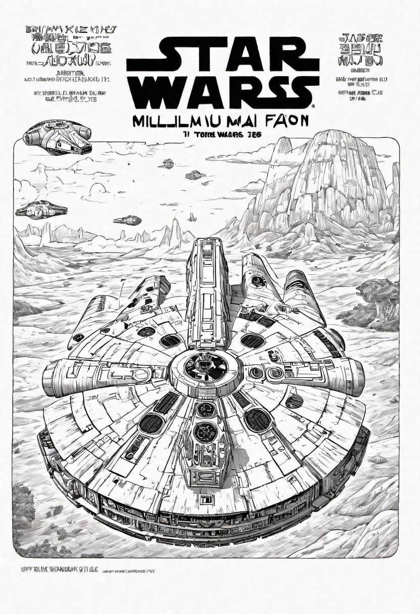 Manga book cover of star wars Millennium Falcon, side view, book cover with text "Star Wars", Akira toriyama style , blank background , full colour, hand drawing