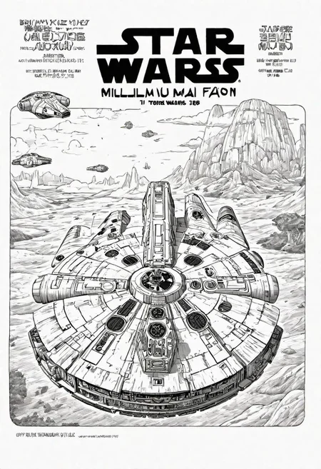 Manga book cover of star wars Millennium Falcon, side view, book cover with text "Star Wars", Akira toriyama style , blank background , full colour, hand drawing