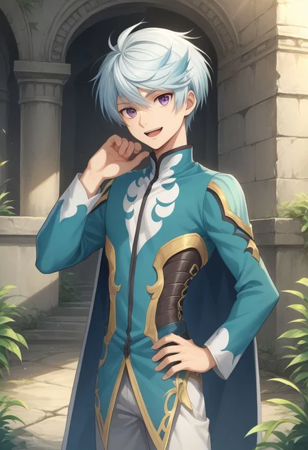 score_9, score_8_up, source_anime, highly detailed, 1boy, solo, male_focus, slender, skinny,
mikleo, 1boy, male focus, solo, purple eyes, smile, cape, open mouth, hand on hip, light blue hair, looking at viewer,
outdoor, ruins,