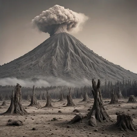 ral-azh, an ashen forest landscape lies before the camera. A dormant volcano stands in the background and towers towards the sky. Ash chokes the sky. Grand landscape, stunning vista