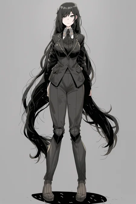 full body, woman, (black suit:1.2), extremely long hair<lora:hou_jae_04 style-000002:1>