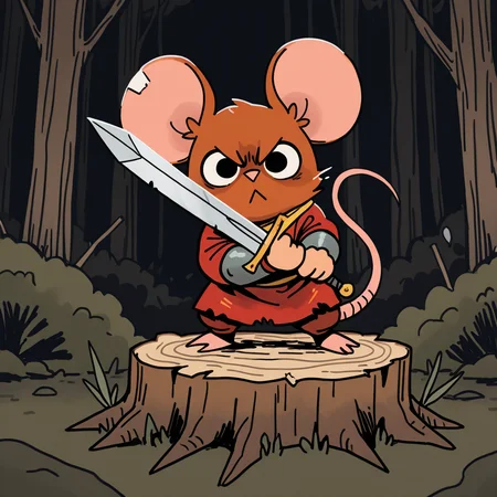 ROOT, mouse, sword, forest in red tones , solo, close to viewer , badass warrior, cunning, dynamics, fighting stance,:<, tree stump, strong, deep colors, male, angry, rich colors, detailed, dark <lora:ROOT-000008:0.8>, best composition, holding sword in hand, defending his family, mouse family on background