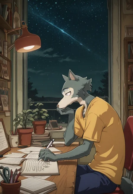 masterpiece, best quality, BREAK,
Legoshi, anthro, wolf, beastars, scar on right brow, mature male, animal ears, grayish blue fur, brown eyes, athletic build,
yellow t-shirt, blue pants,
sitting, side view, desk, chair, book, bookshelf, head rest, holding, holding pen, lamp, night, open book, pen, plant, potted plant, sky, star (sky), starry sky, window, windowsill, writing, <lora:LofiGirl_Style_IXL:1.0>,