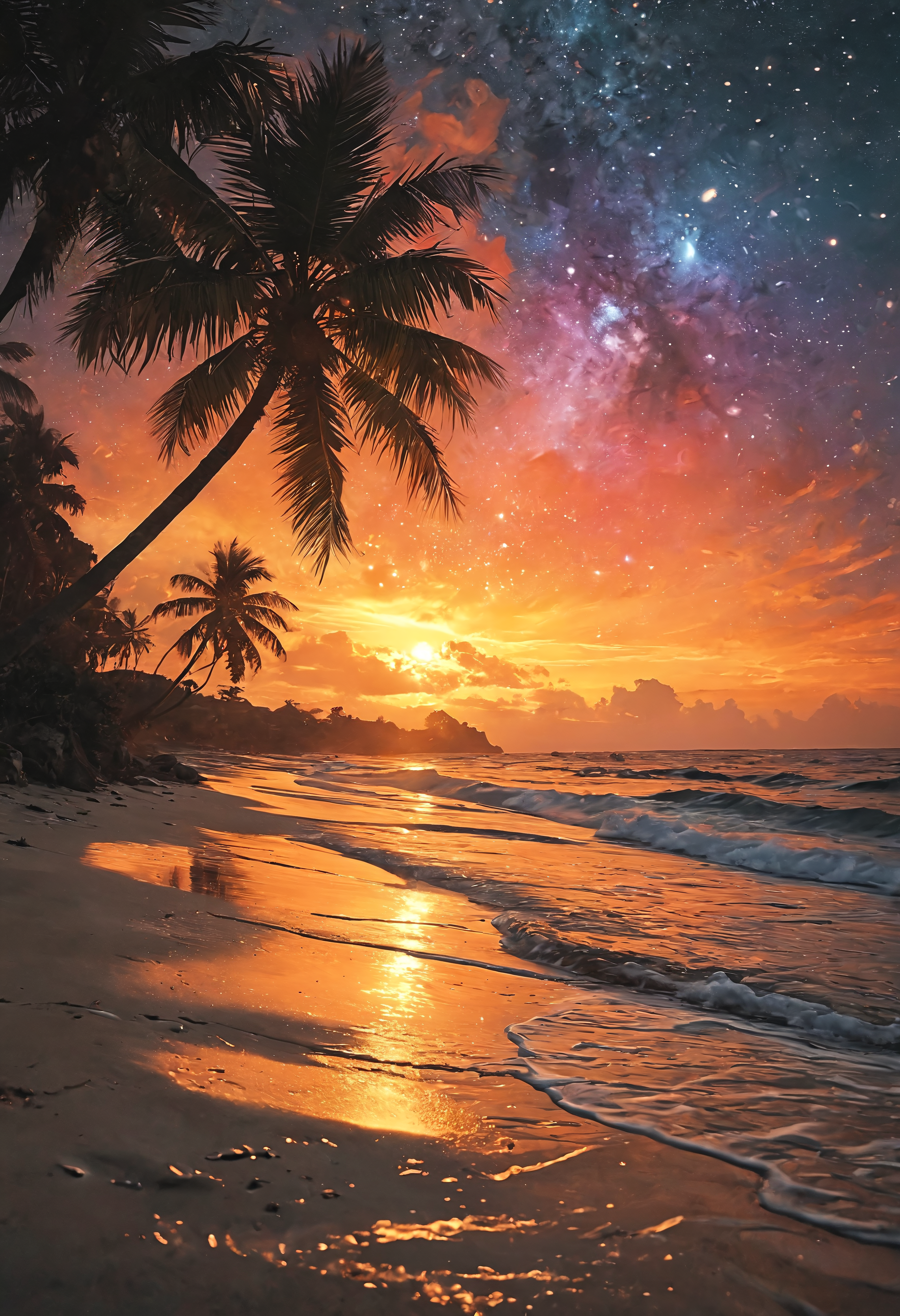 Step onto the shores of a magical otherworldly tropical beach under the cover of night, where the air crackles with anticipation and the sky ignites with a kaleidoscope of colors. As fireworks burst overhead in a mesmerizing display of light and magic, the sands shimmer with an ethereal glow, casting enchanting shadows upon the waves that lap gently against the shore. Palm trees sway in the warm breeze, their fronds painted with vibrant hues that dance in the moonlight, while the stars above twinkle with a brilliance reserved for dreams. In this surreal and vivid landscape, the senses come alive, and the very essence of magic hangs in the air, beckoning all who witness its beauty to embrace the wonder of the night<lora:add-detail-xl:0.5> <lora:sss:1> <lora:MJ52:0.5>