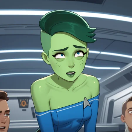 score_9, score_8_up, score_7_up, score_6_up, score_5_up, score_4_up, rating_explicit, 1girl, Tendi, green skin, on a spaceship, excited, green hair, towel, freckled shoulders, freckled chest, small breasts