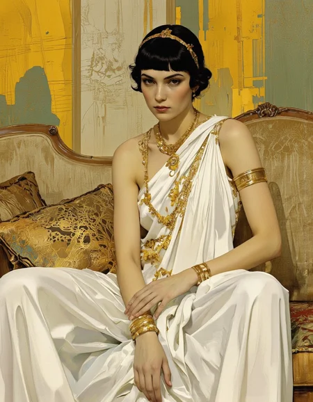 Art by Richard Anderson. A digital illustration shoot from a portrait camera angle about a stylized depiction of a regal figure seated elegantly on a couch, wearing a white dress with gold accents. the image also shows a woman in the middle of the image, who appears to be in her late 20s, with short black hair styled in a bun and wearing a golden crown on her head. she has a serious expression on her face and is looking directly at the viewer. the woman is seated on a beige couch with a patterned cushion, and the background is a soft, abstract yellow and green color scheme with a textured, grungy texture. the overall style is reminiscent of ancient egyptian art, with a focus on the woman's elegant and sophisticated appearance.