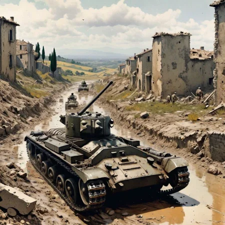 A tank cautiously moves through the muddy and waterlogged terrain of the Italian Campaign, its crew vigilant for enemy ambushes among the ruins of a bombed-out village. The tank's slow pace underscores the grinding progress of Allied forces through Italy's challenging landscapes  ((pulp_comic, heavy_lines, hand_drawn, hand_inked, hand_colored, perfect_face, apxlz))