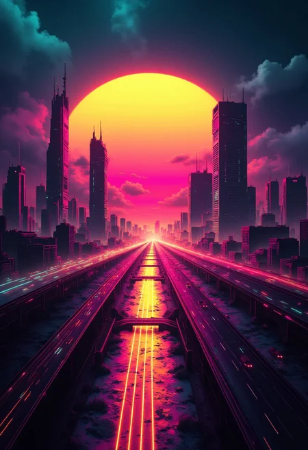 ck-rw, in the style of ck-rw, image of futuristic sci-fi city, with towers and skyscrapers, superhighways, silhouetted at sunset, stormy sky