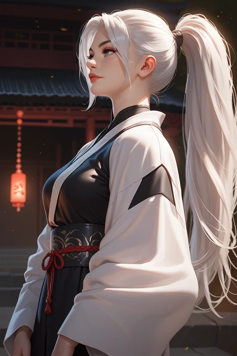 score_9, score_8_up, score_7_up,
<lora:SpiderBlackCat:0.8>
SpiderBlackCat, 1girl, white hair, long hair, ponytail, stands in a dimly lit, sacred shrine