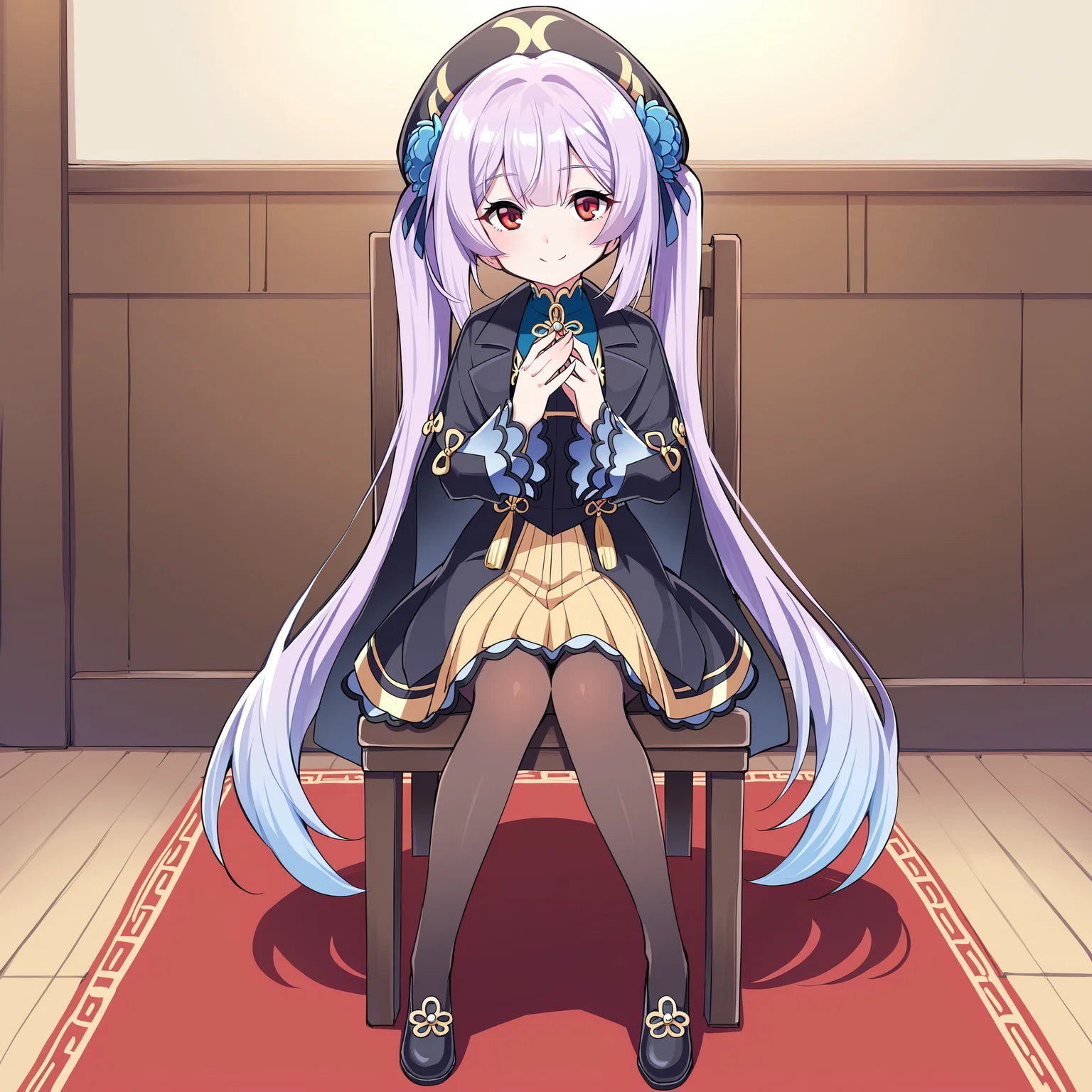 (masterpiece), (best quality), (ultra-detailed), (best illustration), (best shadow), (absurdres), (detailed background), (very aesthetic), 1girl, solo, <lora:Dong_Bai:1>, Dong Bai, red eyes, lavender hair, very long hair, black hat beret, twintails, blue hair flower, hair ornament, black capelet, black chinese clothes, skirt, pantyhose, shoes, full body, sitting on chair, hands folded together, chinese room, looking at viewer, smile