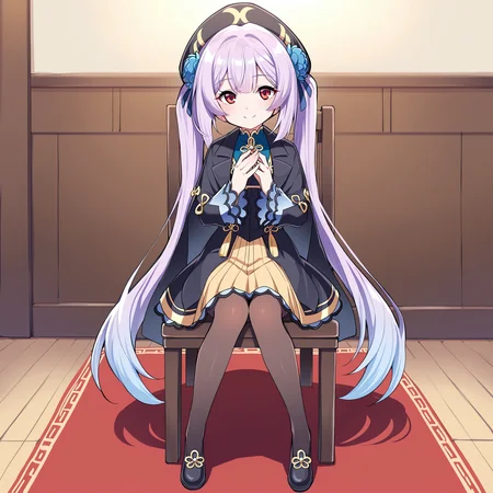 (masterpiece), (best quality), (ultra-detailed), (best illustration), (best shadow), (absurdres), (detailed background), (very aesthetic), 1girl, solo, <lora:Dong_Bai:1>, Dong Bai, red eyes, lavender hair, very long hair, black hat beret, twintails, blue hair flower, hair ornament, black capelet, black chinese clothes, skirt, pantyhose, shoes, full body, sitting on chair, hands folded together, chinese room, looking at viewer, smile