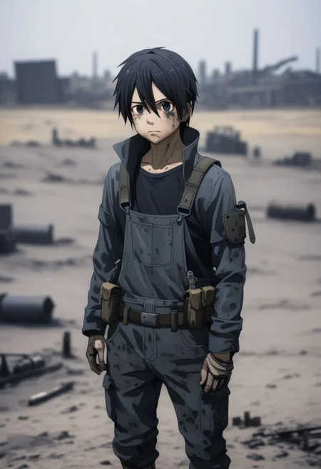 high resolution, professional photography, best quality, 1Boy, Kirigaya Kazuto, Black Hair, Black Eyes, overalldetail, shallow depth of field, Post-Apocalyptic, survival