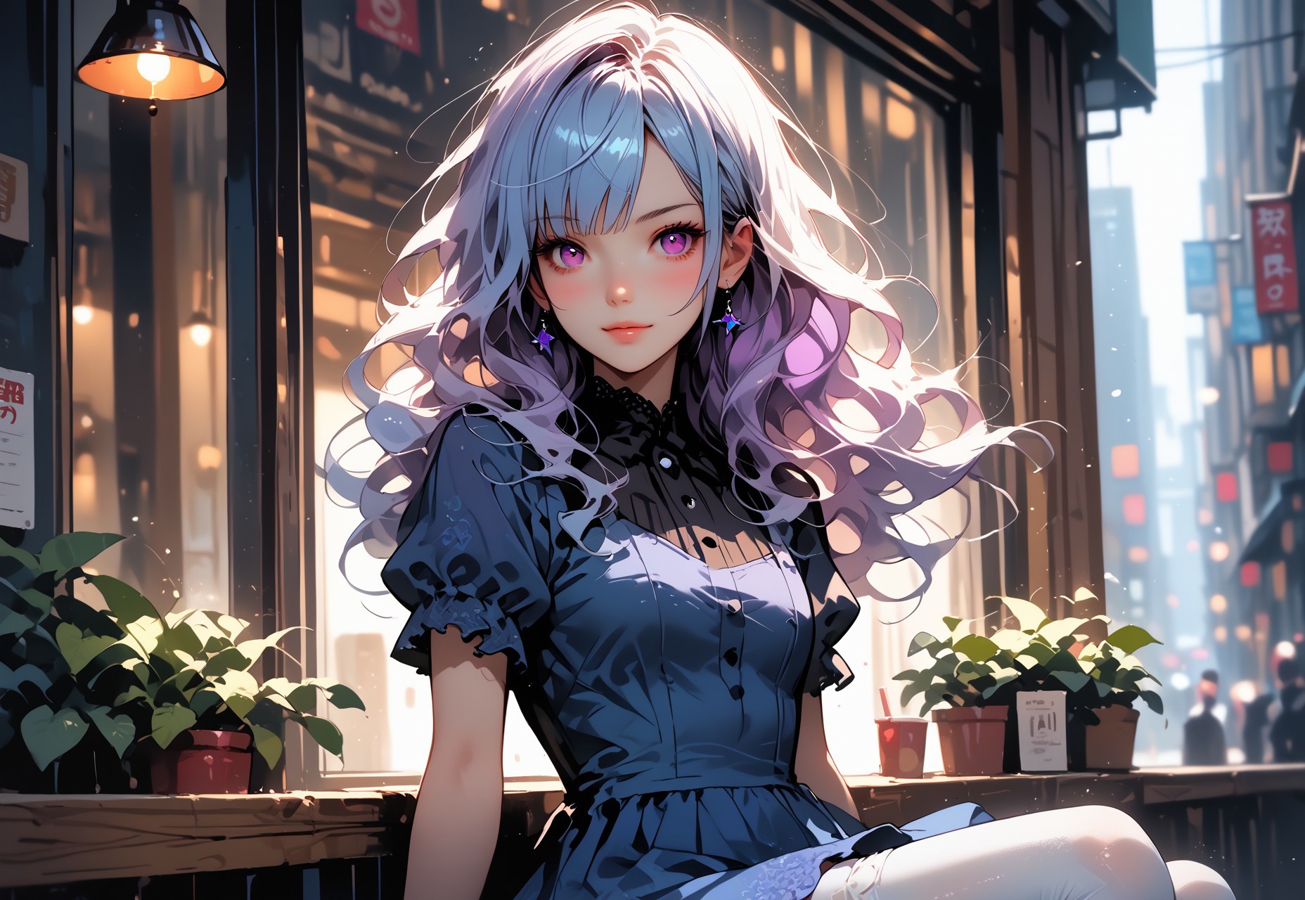 score_9, score_8_up, score_7_up, score_6_up, score_5_up, score_4_up, source_anime, solo, flat color, dark theme, 1girl, babblty, purple eye, long blue hair, wavy hair, blue to purple gradient, blue dress, white tights, looking at viewer, MythAn1m3, waist-high art, babblty sitting in a cafe