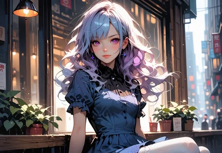 score_9, score_8_up, score_7_up, score_6_up, score_5_up, score_4_up, source_anime, solo, flat color, dark theme, 1girl, babblty, purple eye, long blue hair, wavy hair, blue to purple gradient, blue dress, white tights, looking at viewer, MythAn1m3, waist-high art, babblty sitting in a cafe