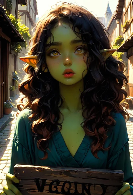 score_9, score_8_up, score_7_up, 1girl, goblin, dark green skin, solo female focus, large pointed ears. skinny, wild red hair, long hair, loose curly hair, green skin, freckles, Freckled ass, beautiful yellow eyes, small breasts, brown loin cloth, chest wrap. Pouting lips. Blushing, cute pout, expression. Holding wooden sign, "starving goblin need buzz" messy writing. Looking up at viewer.
Medieval town street. Bright sunny day