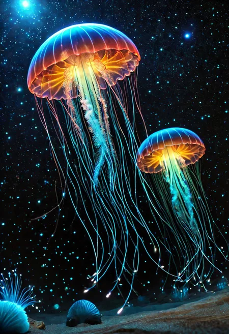 masterpiece, best quality, high resolution, absurdres, ultra-detailed, intricate details, ultra detailed, 8k, highly detailed, very aesthetic, professional 4k, Canon 5d mark 4, extremely detailed, very_detailed, high_detail, sharp focus, clean lines, perfect anatomy, realistic style,
(cute jellyfish:1.1) illuminated by bioluminescent feathers. glowing feathers, casting a soft, ethereal light.
The overall atmosphere is serene and magical, with a starry night sky visible.
black background,
film grain, cinematic, colorful, moody lighting, natural light, soft light, depth of field, bokeh, light particles, backlight, chiaroscuro, refraction, subsurface scattering